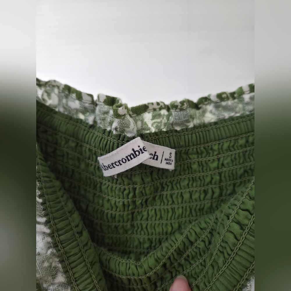 Abercrombie Smocked Bodice Linen-Blend Midi Dress Green Pattern - Picture 4 of 4